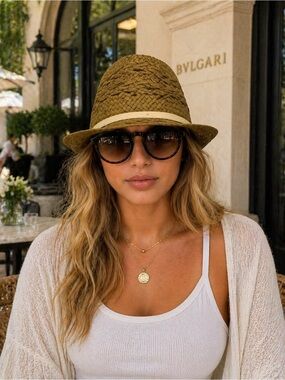 Tillys Tan Straw Fedora Hat Cream Ribbon Trim Boho Resort Vacation Chic
